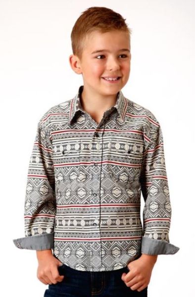 Karman Roper Grey Tribal Texture Print Boy's Long Sleeve Shirt 303000670368GY