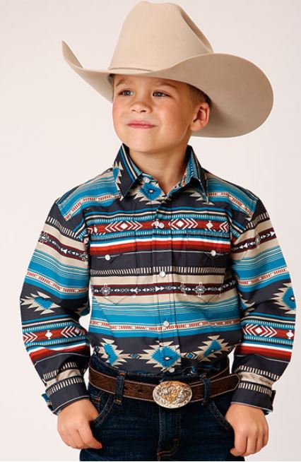 Karman Roper Multicolored Aztec Blanket Horizontal Print Boys Collared Longsleeve Shirt 303000670310BU