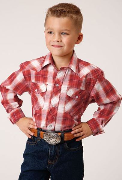 Karman Roper Orange/Red/White Window Pane Plaid Boy's Longsleeve Western Snap Shirt 10301016077OR
