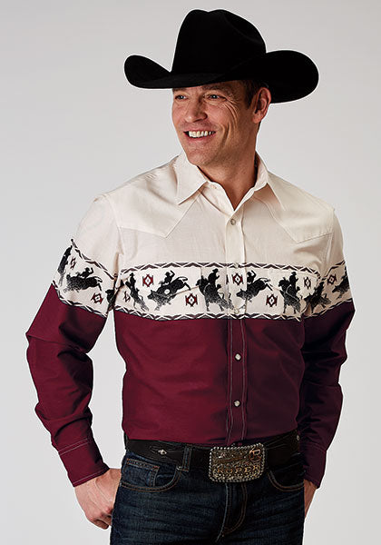 Karman Roper Red Men's Long Sleeve Bull Aztec Border Vintage Snap Shirt 03-001-0421-0308