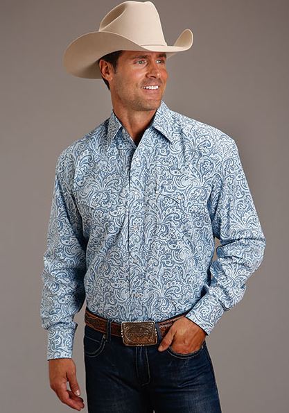 Karman Roper Stetson Blue Tooling Paisley Men's Long Sleeve Snap Shirt 11-001-0425-4002 BU