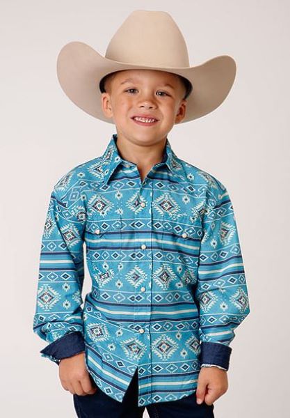 Karman Roper Turquoise/Blue Horizon Boy's Longsleeve Western Snap Shirt 303000674018BU