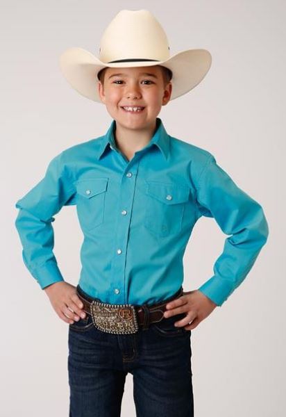 Karman Roper Turquoise Boy's Longsleeve Stretch Snap Shirt 0303002652104BU