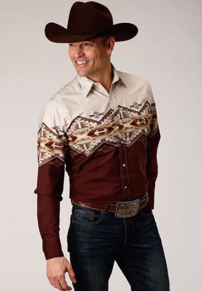 Karman Roper Wine Aztec Border Men's Long Sleeve Snap Shirt 300104310614WI