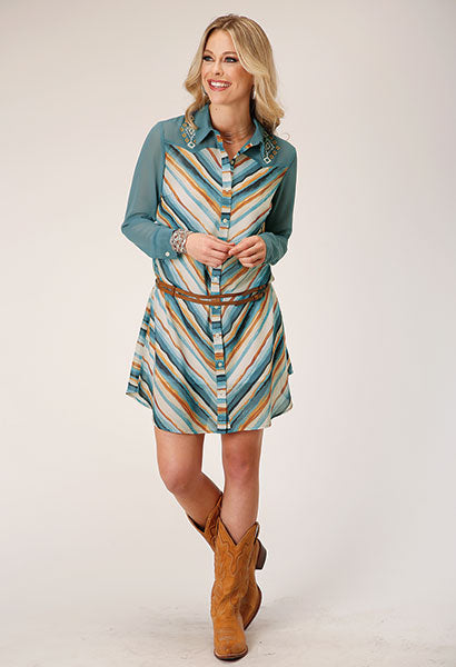 Karman Roper Women's Lovely Long Sleeve Shirt Dress in Watercolor Stripes 03-057-0590-1012