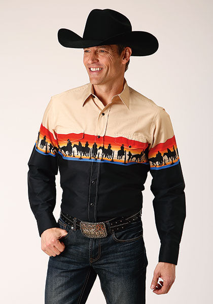 Karmen Roper Black 1676 Day's End Scenic Border Men's Long Sleeve Snap Western Shirt 03-001-0421-0612 BL