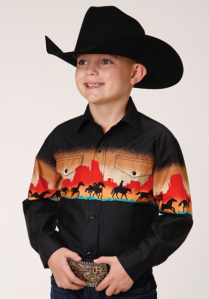 Karmen Roper Black Scene Border Print Boys Long Sleeve Snap Shirt 03-030-0421-0630 BL