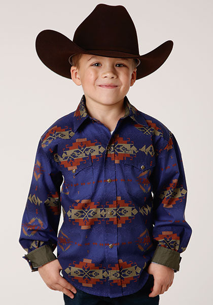 Karmen Roper Blue Night Aztec Boys Long Sleeve Snap Shirt 03-030-0482-0617 BU