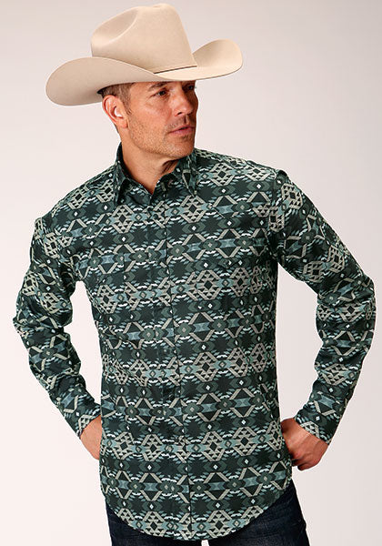 Karmen Roper Grey Slate Aztec Print Men's Long Sleeve Snap Western Shirt 03-001-0067-0469 GY
