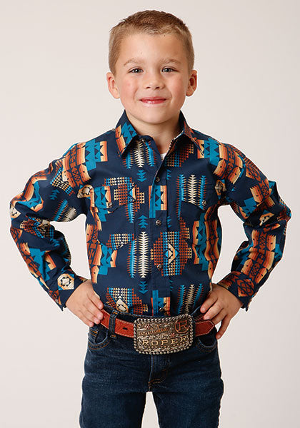 Karmen Roper Navy Aztec Stripe Boys Long Sleeve Snap Shirt 03-030-0485-0613 BU