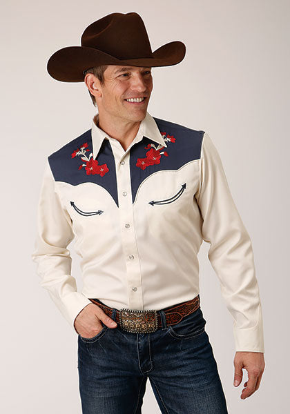 Karmen Roper Old West Collection Men's Long Sleeve Snap Embroidered Western Shirt 03-001-0040-0675 WH