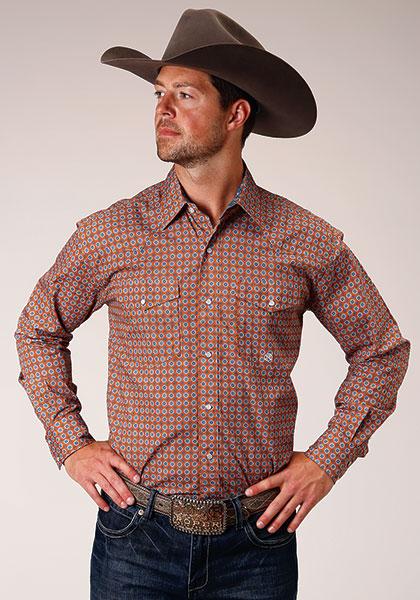 Karmen Roper Orange Print Mens Western Snap Shirt 300102254014OR