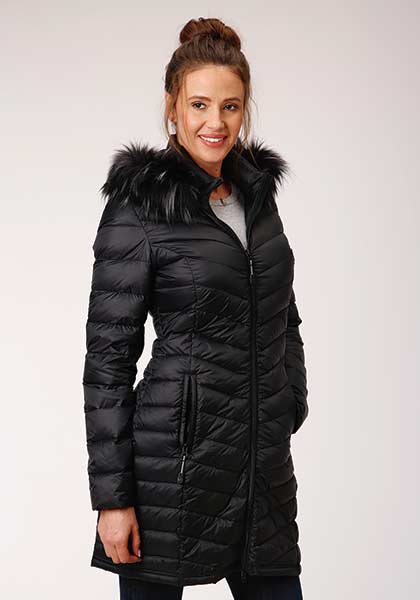 Ladies' Roper Down Filled Quilted Jacket with Fur Trim Hood 0309806936131bl