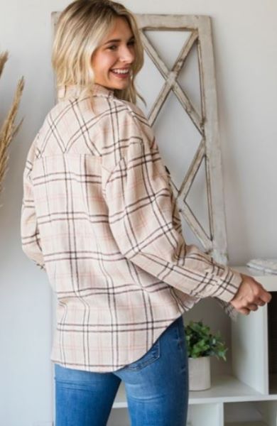 Ladies Veveret Beige Plaid Button Down Thin Shacket VJ52888A