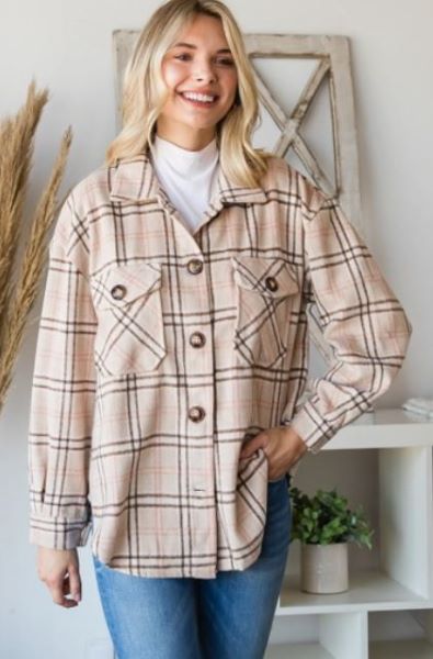 Ladies Veveret Beige Plaid Button Down Thin Shacket VJ52888A