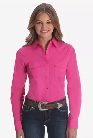 Ladies Wrangler Long Sleeve Solid Pink Western Snap Shirt LW1003K