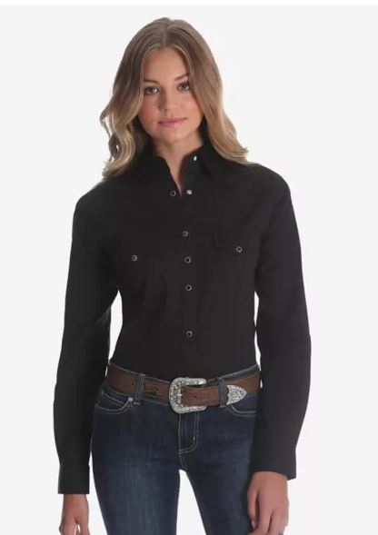 Ladies Wrangler Long Sleeve Solid Snap Black Western Shirt LW1002X