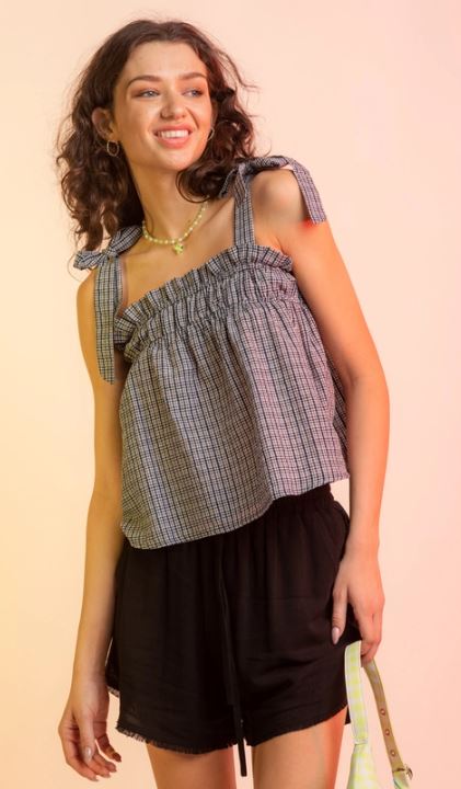 Very J Plaid Gathered Babydoll Top VT15128