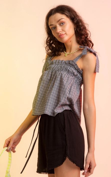 Very J Plaid Gathered Babydoll Top VT15128