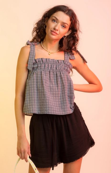 Very J Plaid Gathered Babydoll Top VT15128