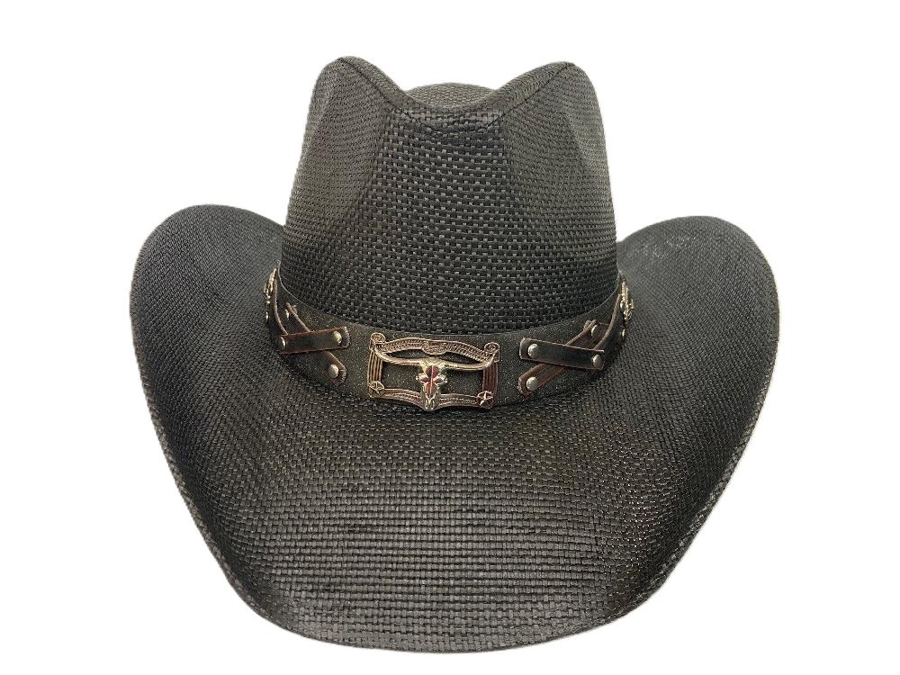 Lebo's Black Fashion Straw Hat with Longhorn Hatband ZA247