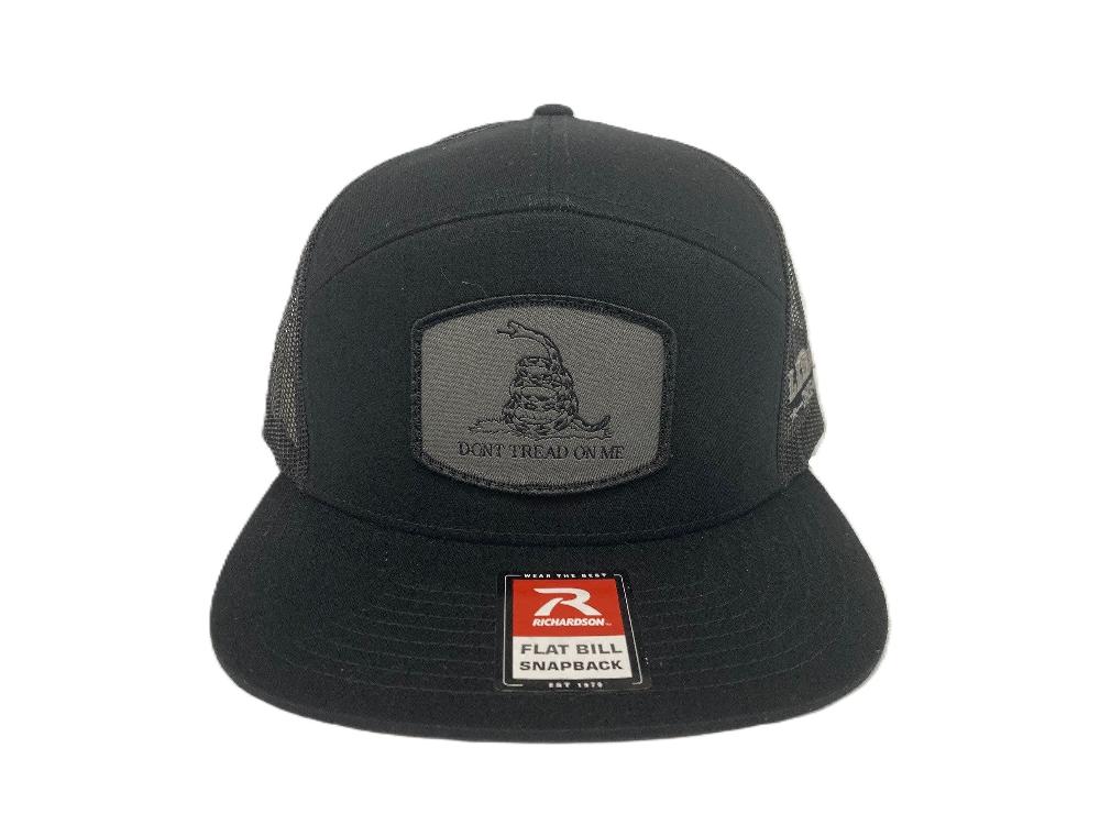 Lebo's Black Richardson 7 Panel Flat Bill Snapback Trucker Hat with Grey 'Don't Tread On Me Patch' 168-BLK-DTOM