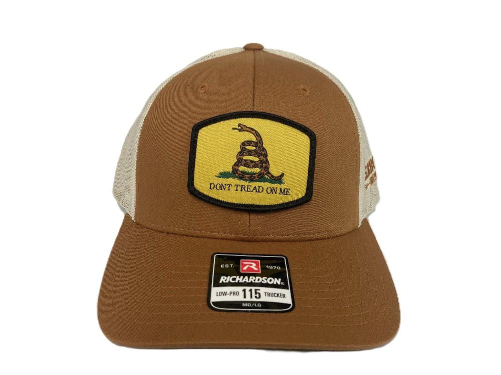 Lebo's Caramel/Birch Richardson 115 Low-Pro Trucker Hat with Don't Tread on Me Yellow Patch 115-CRBI-DTOM