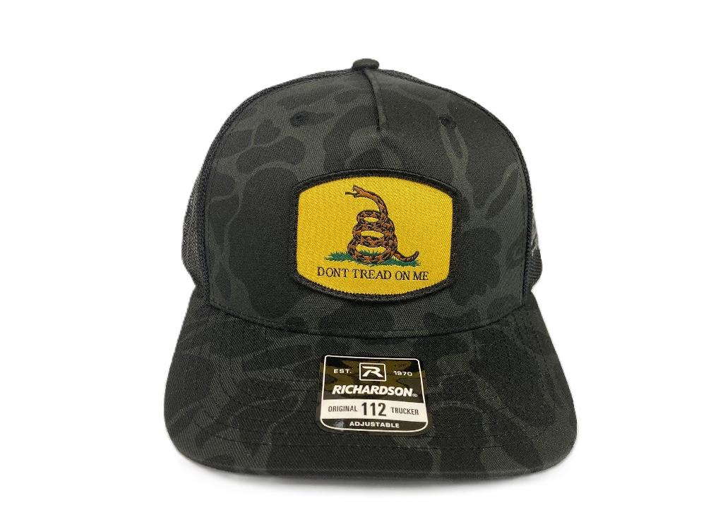 Lebo's Duck Camo Richardson Original 112 Snapback Trucker Hat with Yellow Don't Tread On Me Patch 112PFPSBDBDTOMY