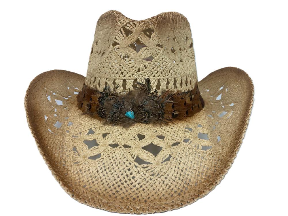 Lebo's Tan Straw Fashion Western Hat with Feather Hatband ZA239