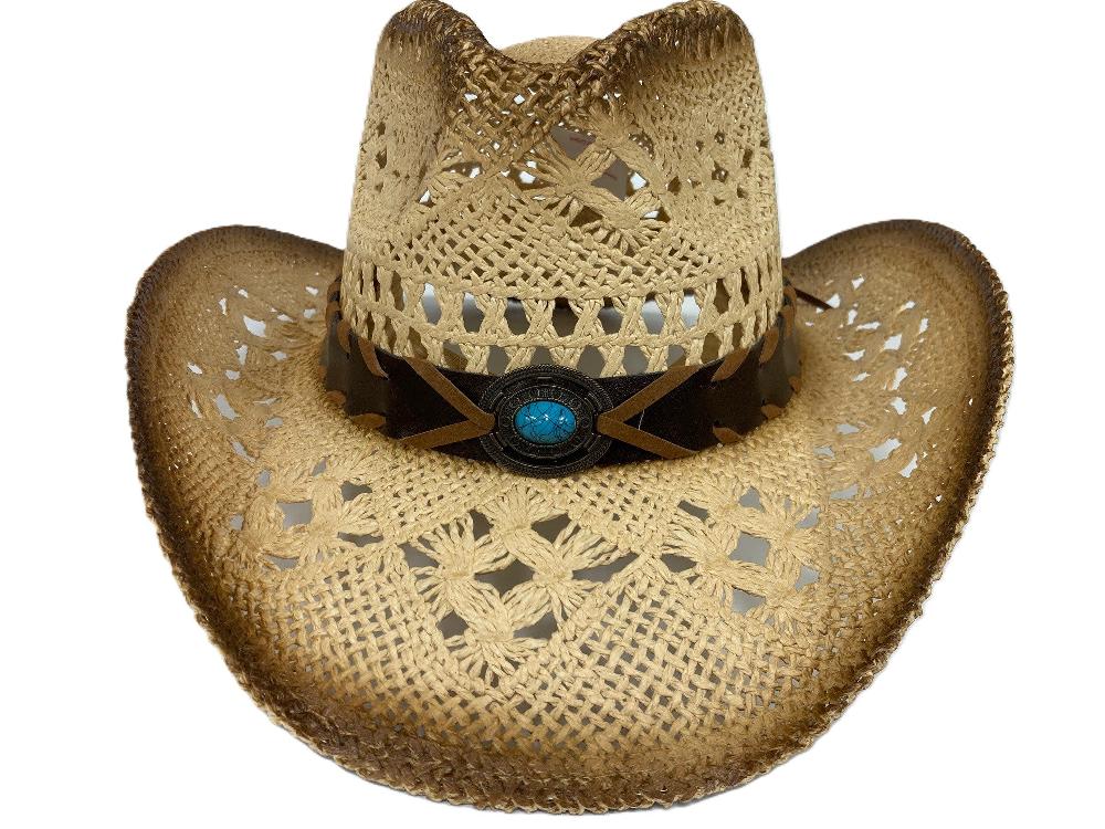 Lebo's Tan Straw Ladies' Fashion Hat with Turquoise Look Stone ZA213