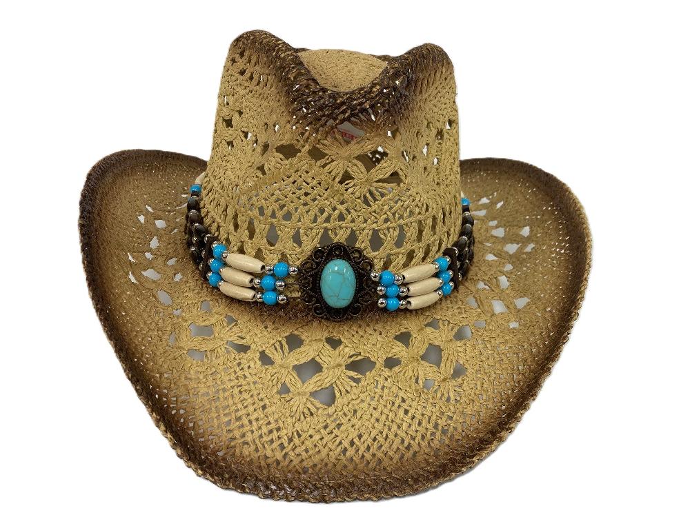 Lebo's Tan Women's Straw Fashion Western Hat with Turquoise White and Brown Bead Hatband ZA255