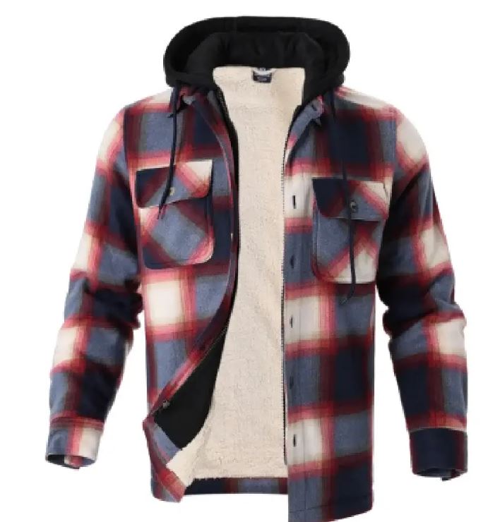 Lee Hanton Navy/Beige Men's Berber Lined Plaid Hooded Jacket MFJ170-NB