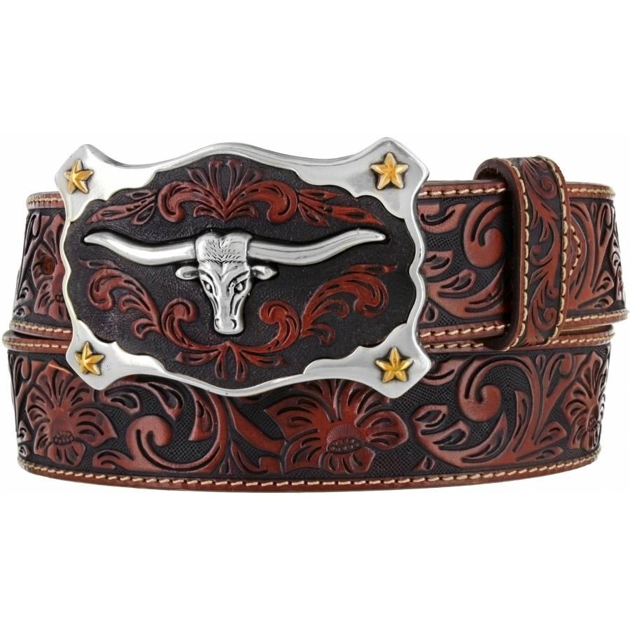 Leegin Tan Classic Longhorn Mens Tooled Belt C11194