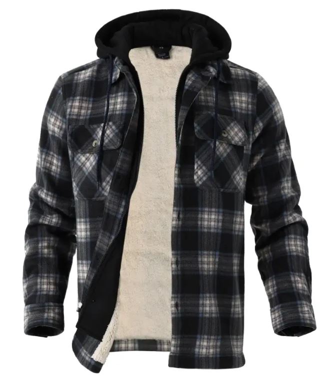 LeeHanton Navy Plaid Men's Berber Lined Hooded Fleece Jacket MFJ170-NP