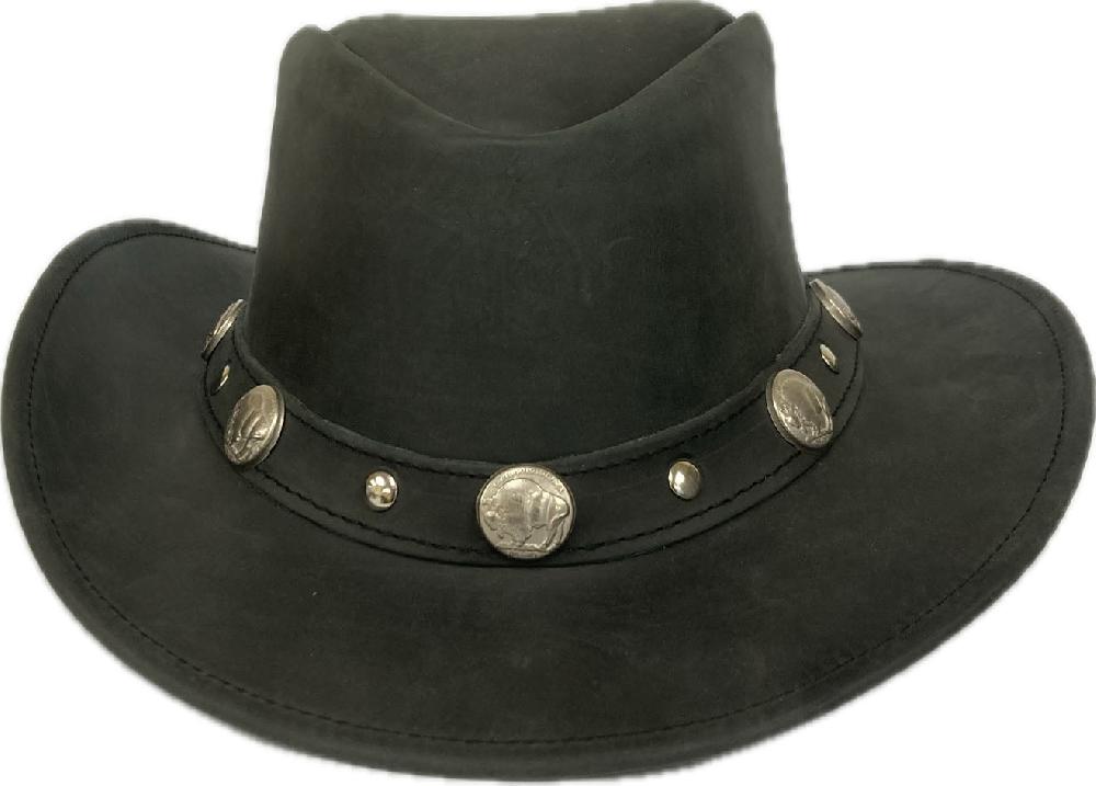London Milan by Lebo's Black Leather Hat with Buffalo Nickel Accents LM-BL5014