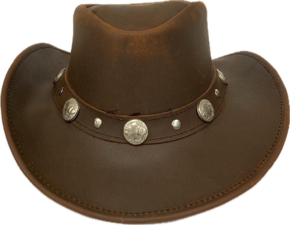 London Milan by Lebo's Distressed Brown Leather Men's Hat with Buffalo Nickel Conchos on the Hatband LM-BR5015