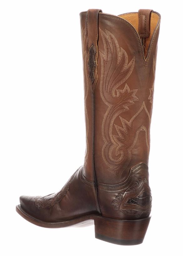 Lucchese Beatrice Ostrich Leg Inlay Chocolate Ladies Western Boots N4093.54
