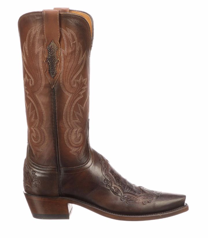 Lucchese Beatrice Ostrich Leg Inlay Chocolate Ladies Western Boots N4093.54