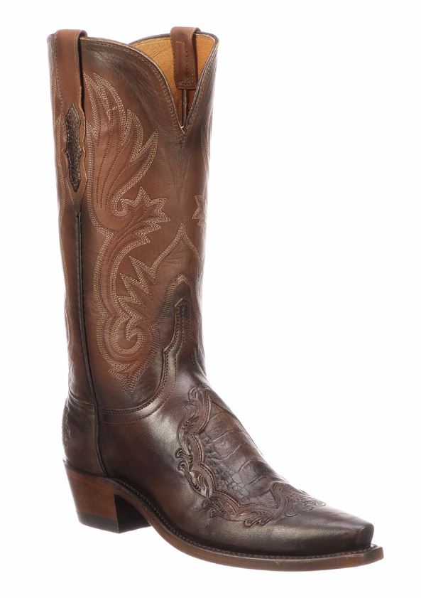 Lucchese Beatrice Ostrich Leg Inlay Chocolate Ladies Western Boots N4093.54