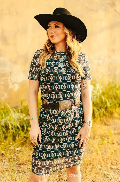 Lucky & Blessed Black Cross Printed Women's Short Sleeve Mesh Dress with Layering Slip DR275-BCR0SS