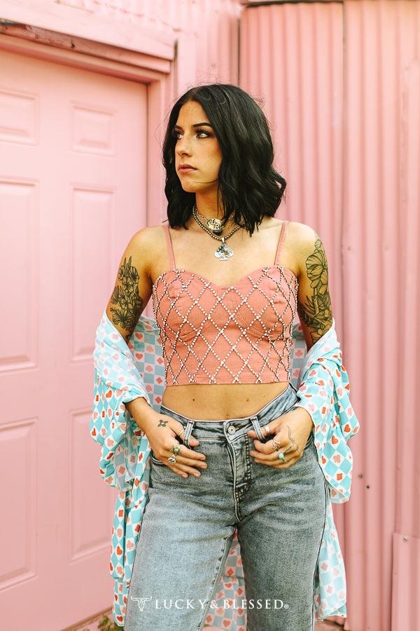 Lucky & Blessed Pink Denim Rhinestone Studded Spaghetti Strap Crop Top TO603