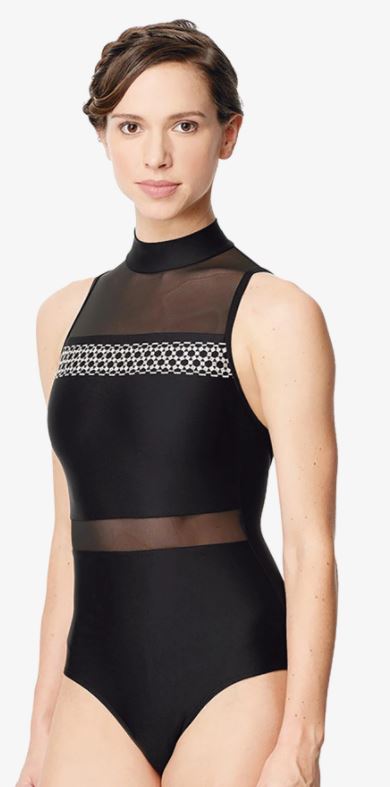 Lulli Black/Black Lia Women Embroidered Mesh Mock Neck Leotard LUF589