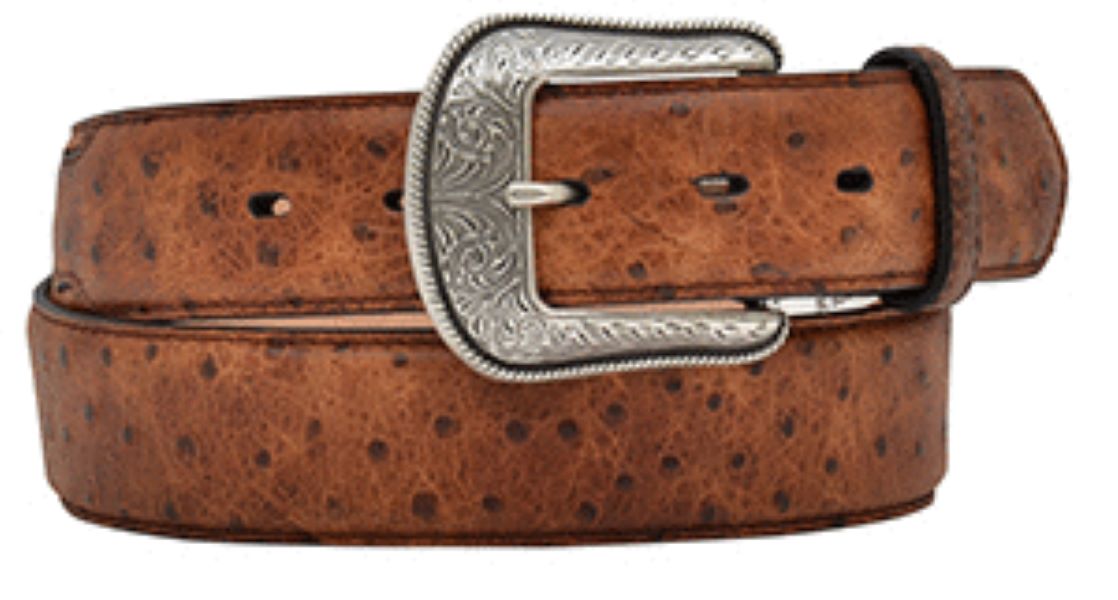 M and F Western Brown 3D Ostrich Print Leather 1 1/2 inch Mens Belt with Removable Buckle D1654