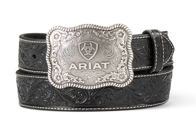 M&F Ariat Black Embossed Plate Buckle Men's Belt A1020401