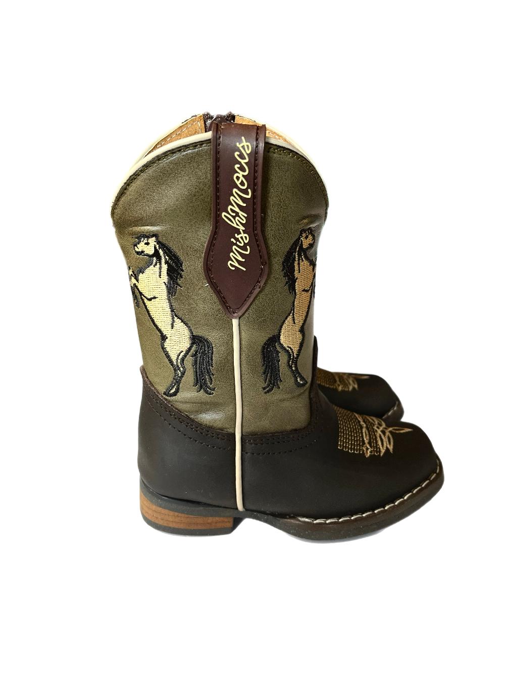 Mishmoccs Brown With Horses On Olive Shaft Little Kid Wide Square Toe Cowboy Boots COWBOYBOOT