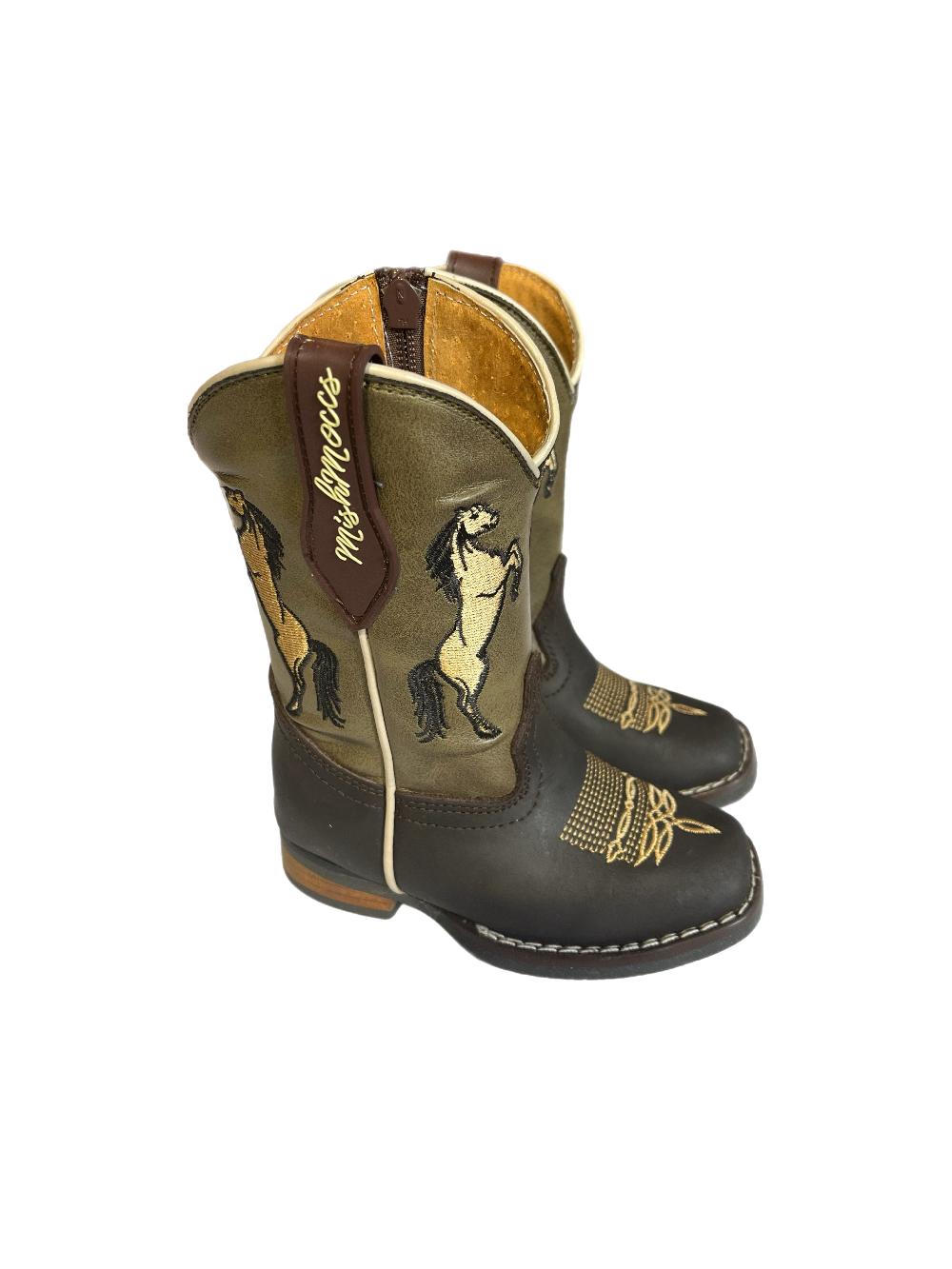 Mishmoccs Brown With Horses On Olive Shaft Little Kid Wide Square Toe Cowboy Boots COWBOYBOOT