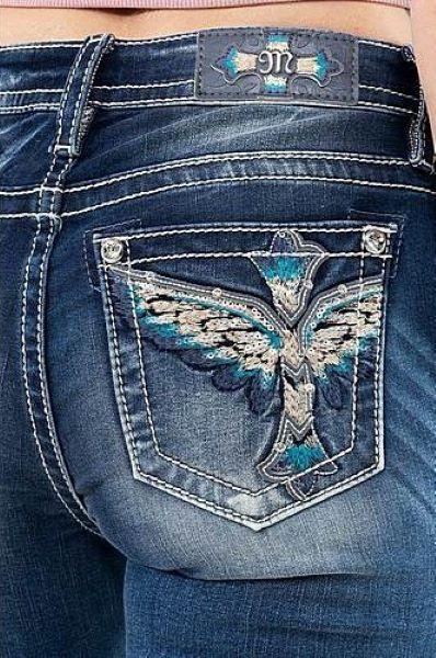 Miss Me 32 inch Inseam Mid Rise Bootcut Women's Jeans with Turquoise Cross Wings M3930BV