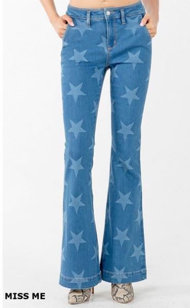 Miss Me Blue with Star Print 34 inch High Rise Flare Womens Jeans H3874F