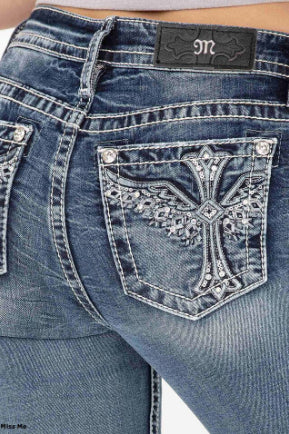 Miss Me Dark Blue Chloe Winged Cross Slim Fit Mid Rise Bootcut Jean M3755B