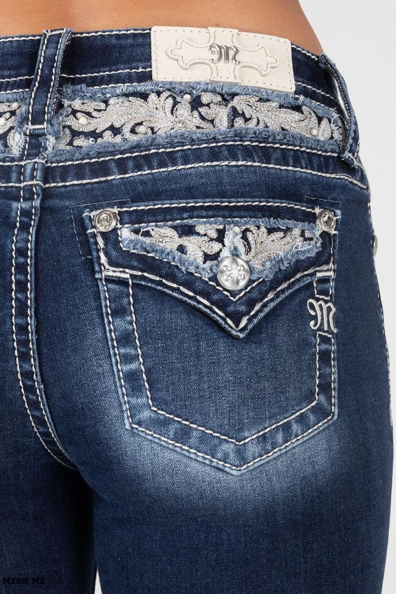 Miss Me Dark Wash Blue Floral Peekaboo Bootcut 32 inch Inseam Women's Jeans M9230BV